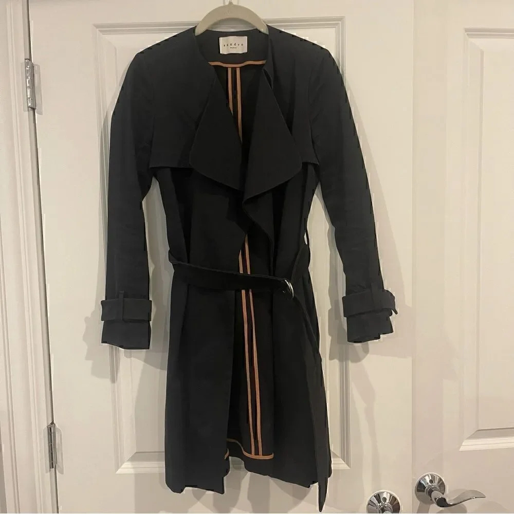 SANDRO Paris Malena Cotton Black Trench Coat - Picture 5 of 12